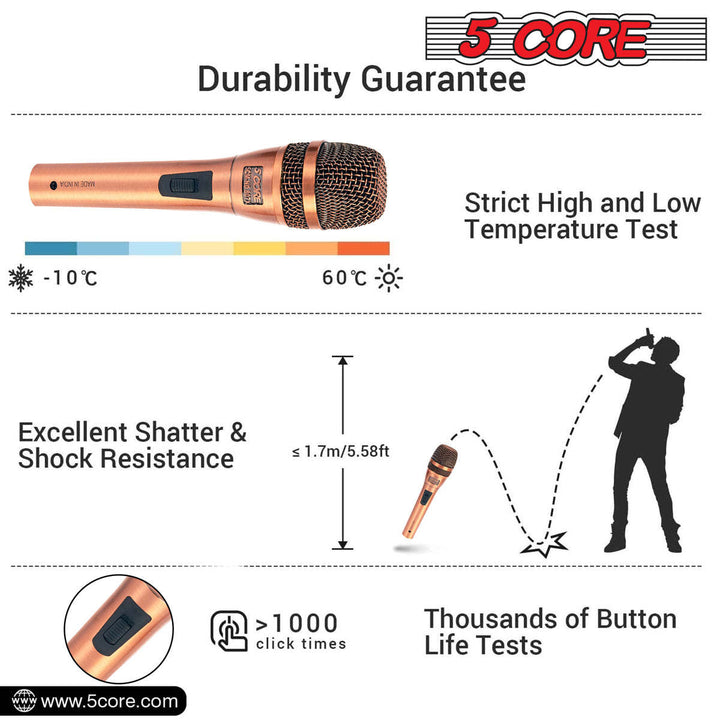 5 CORE Professional Dynamic Vocal Microphone Neodymium Cardioid Unidirectional Handheld Mic for Singing Karaoke Steel Mesh Grille Metal Body With ON Off Switch + 16ft Detachable Cable + Clip + Bag