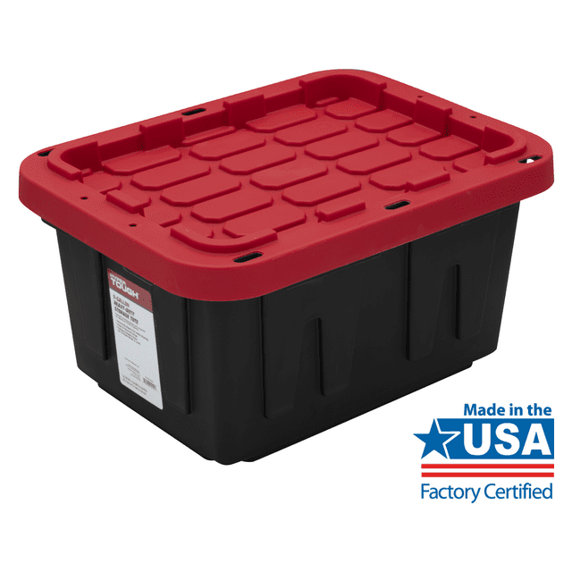 5 Gallon Snap Lid Plastic Storage Bin, Black/Red, Set of 4