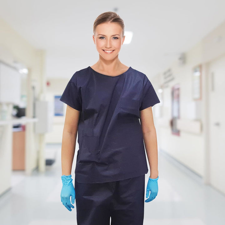 Disposable Scrubs Top and Bottom Large. 55 GSM Polypropylene Shirts and Pants. 5 Sets of Medical Scrub Top and Pants; Dark Blue Pants with Tie; Pockets. Scrubs Tops with Pockets