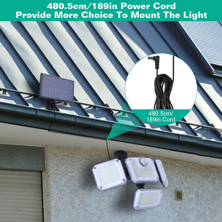 Solar Powered Wall Lights Outdoor Motion Sensor Lamps with Separate Solar Panel 4 Adjustable Heads 333Pcs Beads 120° Sensing Angle Remote Control Waterproof Lights for Yard Front Door Porch Garage