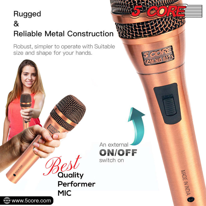 5 CORE Professional Dynamic Vocal Microphone Neodymium Cardioid Unidirectional Handheld Mic for Singing Karaoke Steel Mesh Grille Metal Body With ON Off Switch + 16ft Detachable Cable + Clip + Bag