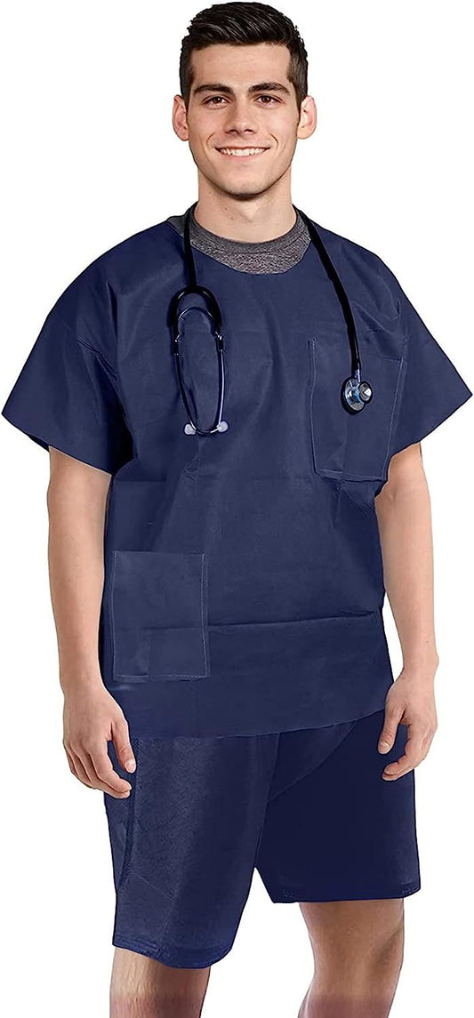 Disposable Scrubs Top and Bottom X-Large. Polypropylene Shirts and Shorts. Pack of 10 of Medical Scrub Top and Shorts; Dark Blue Shorts with Tie; Pockets. Scrubs Tops with Pockets