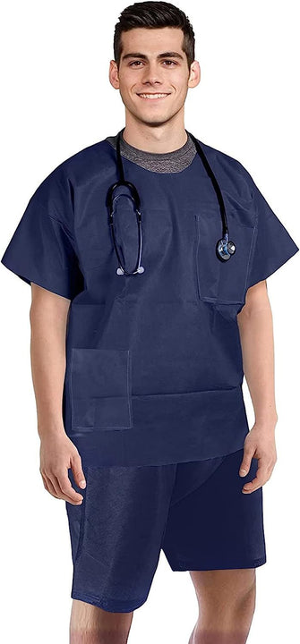 Disposable Scrubs Top and Bottom X-Large. Polypropylene Shirts and Shorts. Pack of 10 of Medical Scrub Top and Shorts; Dark Blue Shorts with Tie; Pockets. Scrubs Tops with Pockets