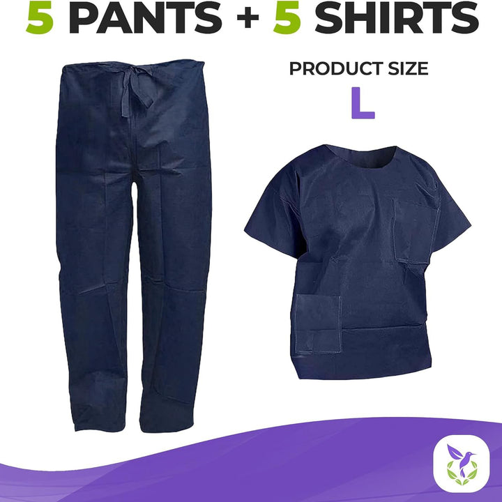 Disposable Scrubs Top and Bottom Large. 55 GSM Polypropylene Shirts and Pants. 5 Sets of Medical Scrub Top and Pants; Dark Blue Pants with Tie; Pockets. Scrubs Tops with Pockets