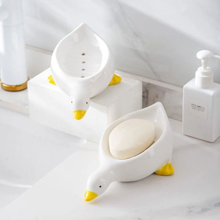 Cute Duck Soap Dish, 2Pcs Ceramic Soap Dish with Draining