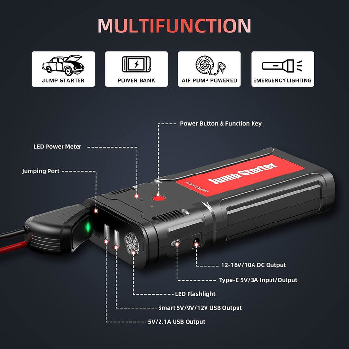 DBPOWER Jump Starter Battery Pack, 2750A Peak 76.96Wh, Portable Car Jump Starter (Up to 10L Gas/8L Diesel Engine) 12V Auto Battery Booster Pack with Smart Clamp Cables, Quick Charger