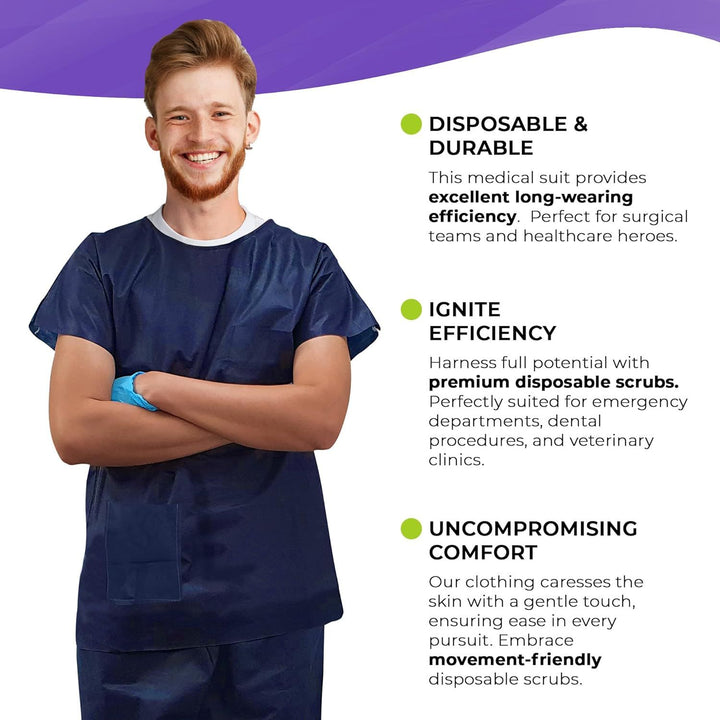 Disposable Scrubs Top and Bottom Large. 55 GSM Polypropylene Shirts and Pants. 5 Sets of Medical Scrub Top and Pants; Dark Blue Pants with Tie; Pockets. Scrubs Tops with Pockets