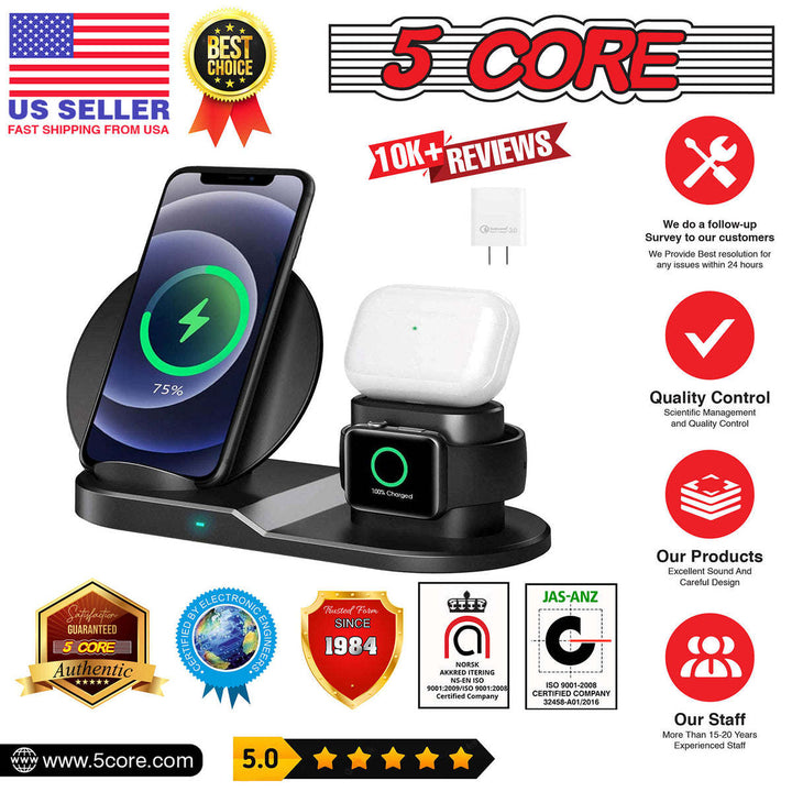 Wireless Charger 3 in 1 10W / 15W Qi Fast Charging Pad Dock Station Travel Chargers for Multiple Devices for iPhones, Android, Galaxy S- Series, Watch, Earbuds - 5 Core WCR 3