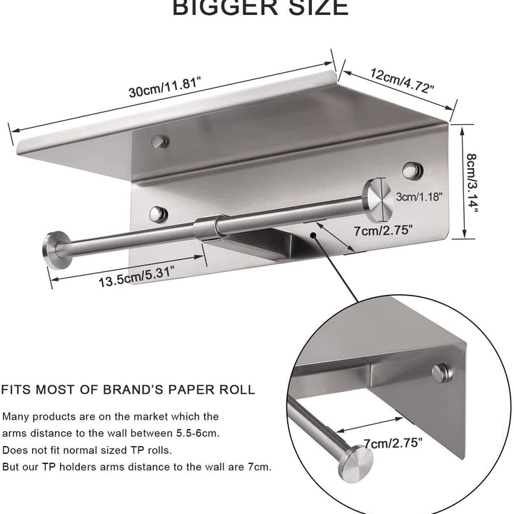 Toilet Paper Holder with Shelf Bathroom Double Roll Tissue Holder with Phone Shelf Wall Mounted Stainless Steel Brushed Nickel Finish