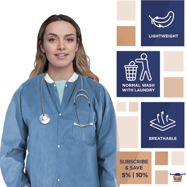 Disposable Lab Jackets. Pack of 10 Ceil Blue Hip-Length Work Gowns XX-Large. SMS 50 gsm Coats with Snaps Front; Knit Cuffs & Collar; 3 Pockets.