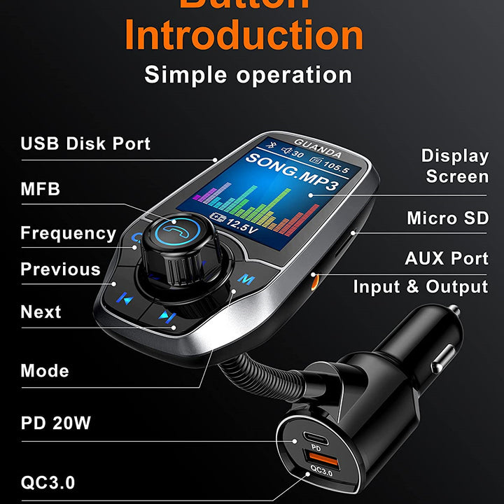 Bluetooth FM Transmitter in-Car Wireless Radio Adapter Kit W 1.8" Color Display Hands-Free Call AUX in/Out SD/TF Card USB Charger PD 20W for All Smartphones Audio Players