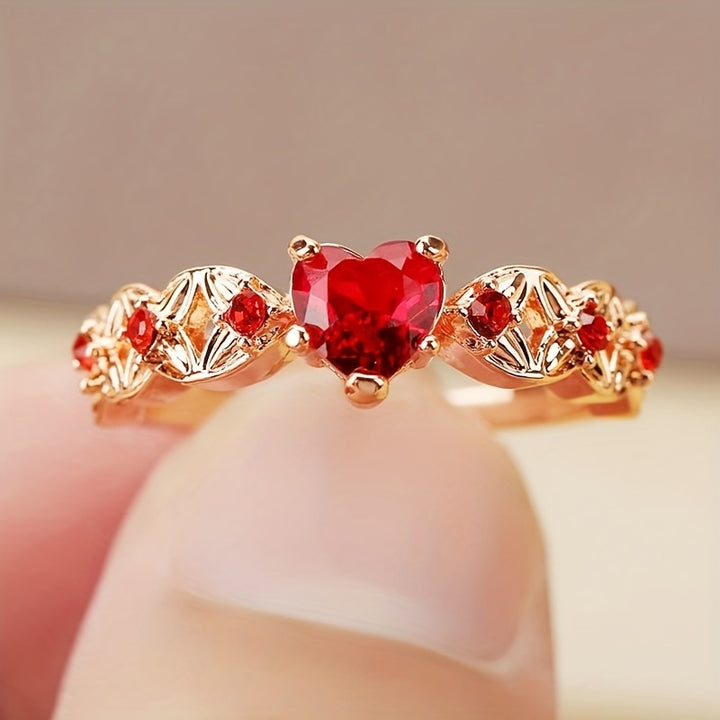 Shiny Red Heart Shape Zircon Promise Ring Sweet Wedding Band Engagement / Valentines Day Gift Jewelry