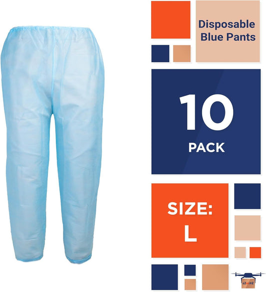 Disposable Blue Pants. Pack of 10 Polypropylene 35 GSM Adult Scrub Pants Large. 10 Pairs of Non-Sterile Trousers with Waist Ties. Unisex PPE Clothing. Breathable; Durable Medical Scrubs.