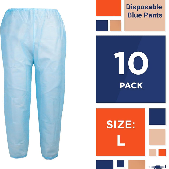 Disposable Blue Pants. Pack of 10 Polypropylene 35 GSM Adult Scrub Pants Large. 10 Pairs of Non-Sterile Trousers with Waist Ties. Unisex PPE Clothing. Breathable; Durable Medical Scrubs.