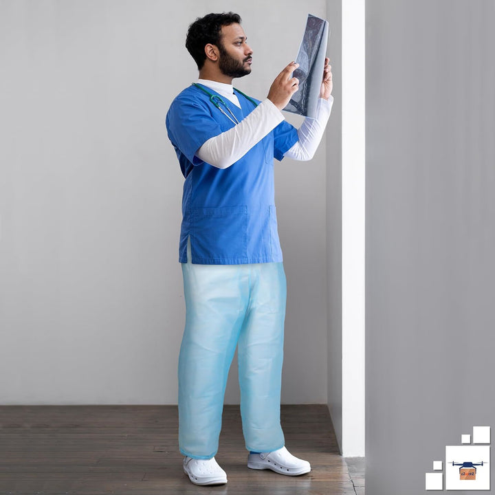 Disposable Blue Pants. Pack of 10 Polypropylene 35 GSM Adult Scrub Pants X-Large. 10 Pairs of Non-Sterile Trousers with Waist Ties. Unisex PPE Clothing. Breathable; Durable Medical Scrubs.