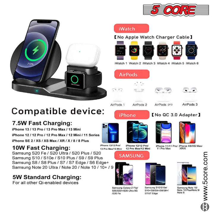 Wireless Charger 3 in 1 10W / 15W Qi Fast Charging Pad Dock Station Travel Chargers for Multiple Devices for iPhones, Android, Galaxy S- Series, Watch, Earbuds - 5 Core WCR 3