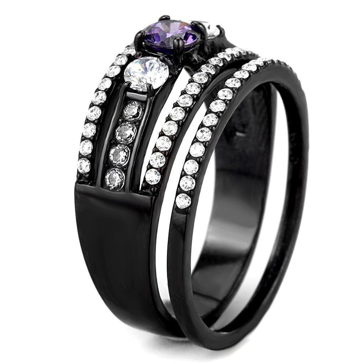 DA001 - IP Black(Ion Plating) Stainless Steel Ring with AAA Grade CZ in Amethyst