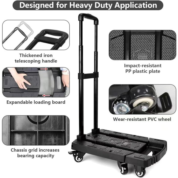 Folding Luggage Cart, Hand Truck, Dolly Cart, Ideal for Travel, Moving, Shopping, and Package Delivery in Offices and More (Load bearing 200KG, 6 wheels, black)