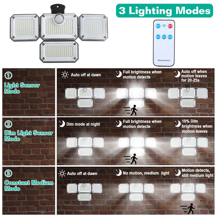 Solar Powered Wall Lights Outdoor Motion Sensor Lamps with Separate Solar Panel 4 Adjustable Heads 333Pcs Beads 120° Sensing Angle Remote Control Waterproof Lights for Yard Front Door Porch Garage