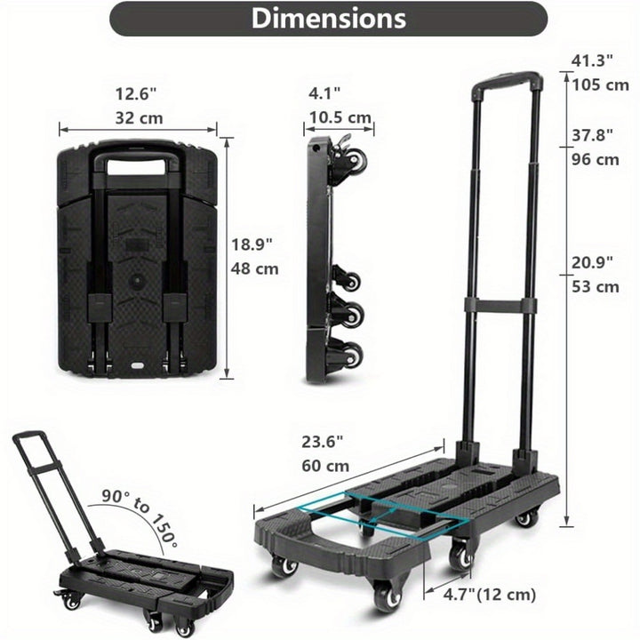 Folding Luggage Cart, Hand Truck, Dolly Cart, Ideal for Travel, Moving, Shopping, and Package Delivery in Offices and More (500lbs Heavy Duty with 6 Wheels)