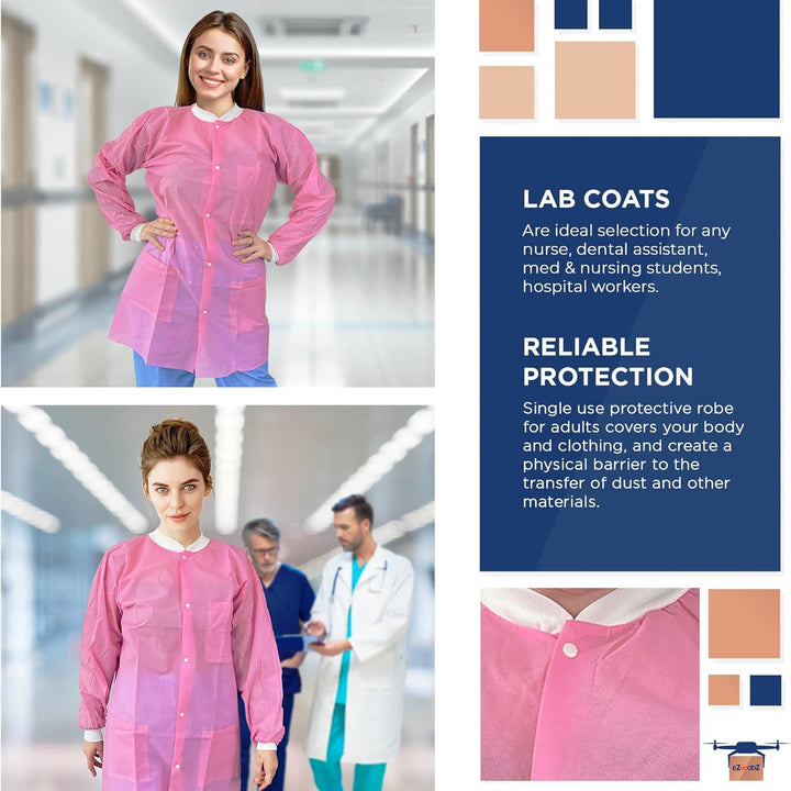 Disposable Lab Coats. Pack of 10 Light Pink Small SPP 45 gsm Work Gowns. Protective Clothing with Snaps Front; Knit Cuffs & Collar; 3 Pockets. Unisex Knee-Length Medical Uniform for Adults.