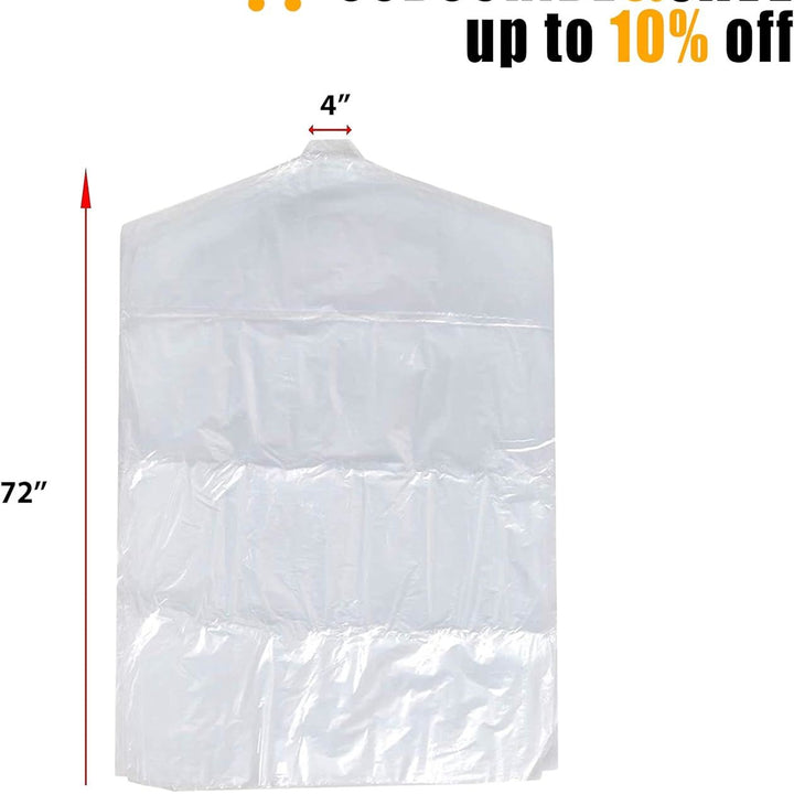 Roll of 350 Clear Garment Covers for Dry Cleaner 21 x 4 x 72 Poly 0.5 mil Storage Bags for Clothes with Hanger Holes 21x4x72 Hanging Suit Protector; Travel Wedding Trip; Sloped Shoulders