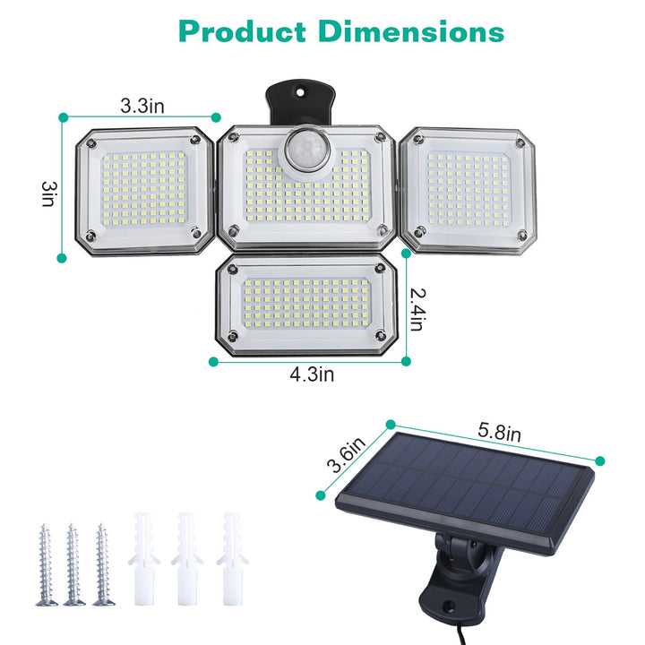 Solar Powered Wall Lights Outdoor Motion Sensor Lamps with Separate Solar Panel 4 Adjustable Heads 333Pcs Beads 120° Sensing Angle Remote Control Waterproof Lights for Yard Front Door Porch Garage