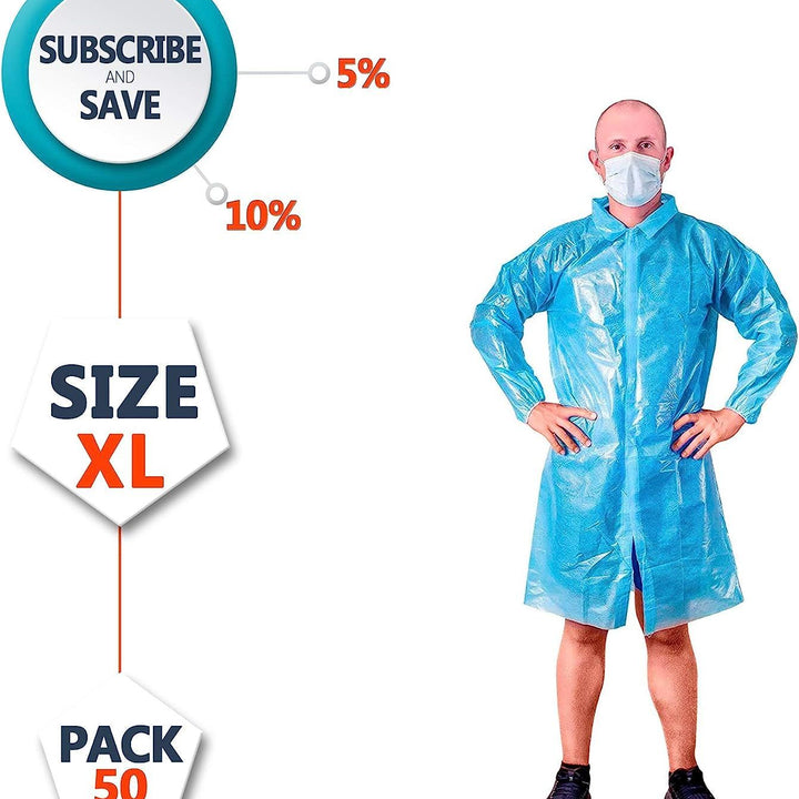 Polyethylene Lab Coats. Pack of 50 Blue Poly Lab Coats X-Large. Disposable Polyethylene Lab Coats with Elastic Wrists. Unisex Waterproof Workwear. PE Coated Frocks. Lightweight; Breathable.