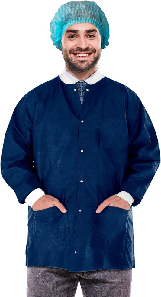 Disposable Lab Jackets 32" Long. Pack of 100 True Blue Hip-Length Work Gowns X-Large. SMS 50 gsm Shirts with Snaps Front, Knit Cuffs & Collar, 3 Pockets. Unisex PPE Body Protective Short Coats