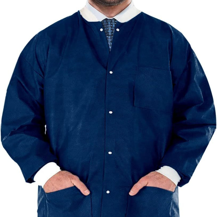 Disposable Lab Jackets 32" Long. Pack of 100 True Blue Hip-Length Work Gowns X-Large. SMS 50 gsm Shirts with Snaps Front, Knit Cuffs & Collar, 3 Pockets. Unisex PPE Body Protective Short Coats