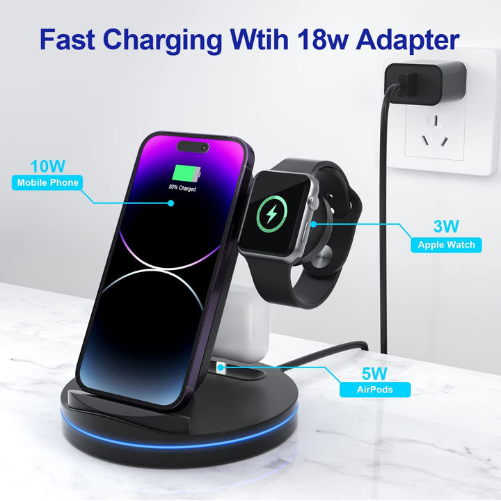 Charging Station for Multiple Devices,3 in 1 Fast Wireless Charging Stand Dock for iPhone 14/13/12/11/Pro/Max/XS/XR/X/8/Plus, for iWatch 7/6/5/4/3/2/SE, for AirPods 3/2/Pro-Black