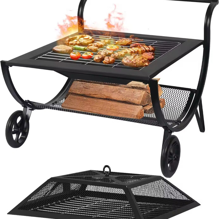 Fire Pit, 27" Metal Wood Burning Firepit Stove with Wheel & Storage Shelf, Outdoor Fire Pit with Lid for Camping, BBQ, Garden, Backyard