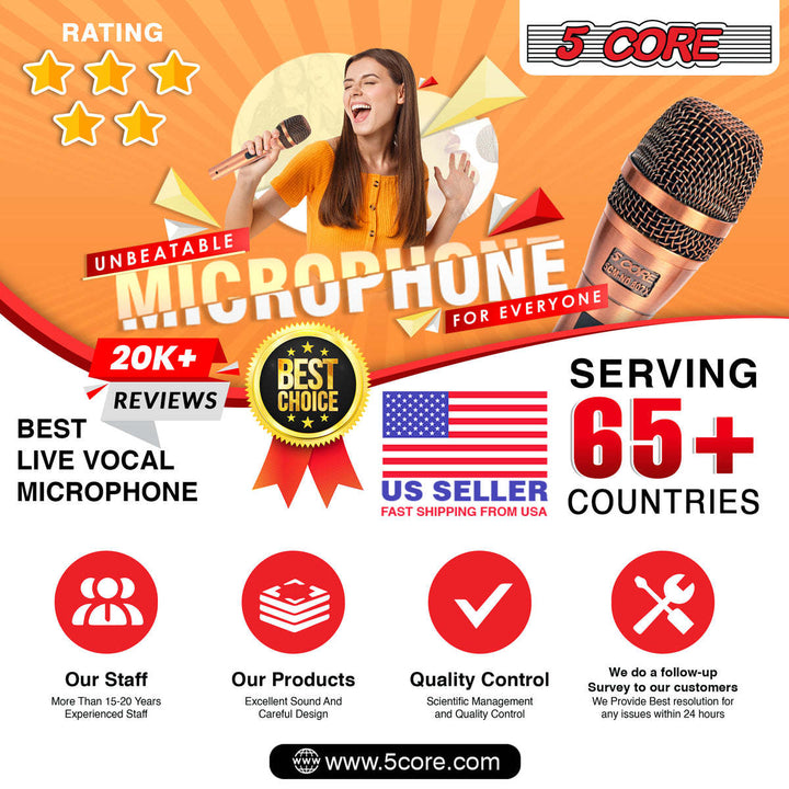 5 CORE Professional Dynamic Vocal Microphone Neodymium Cardioid Unidirectional Handheld Mic for Singing Karaoke Steel Mesh Grille Metal Body With ON Off Switch + 16ft Detachable Cable + Clip + Bag