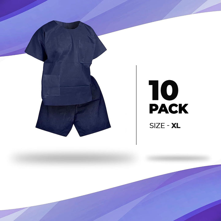 Disposable Scrubs Top and Bottom X-Large. Polypropylene Shirts and Shorts. Pack of 10 of Medical Scrub Top and Shorts; Dark Blue Shorts with Tie; Pockets. Scrubs Tops with Pockets