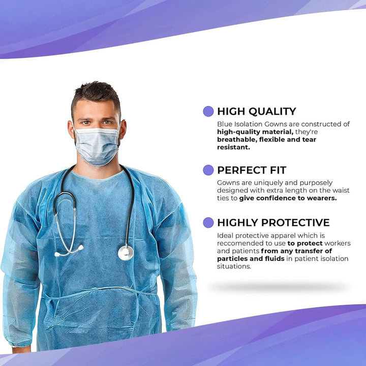 Disposable Gowns 45". Pack of 5 Blue Isolation Gowns X-Large. 35 gsm Polypropylene Disposable Scrubs with Long Sleeves; Neck and Waist Ties. Medical Disposable Gown