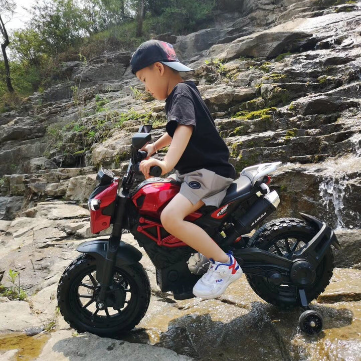 Electric Motorcycle for Kids, kids ride on motorcycle, Tamco 12V Electric Dirt Bike with Training Wheels, Hand Racing Foot Brake,PU seat, Ride on Motorcycle for 3~6 years Boys Girls gift