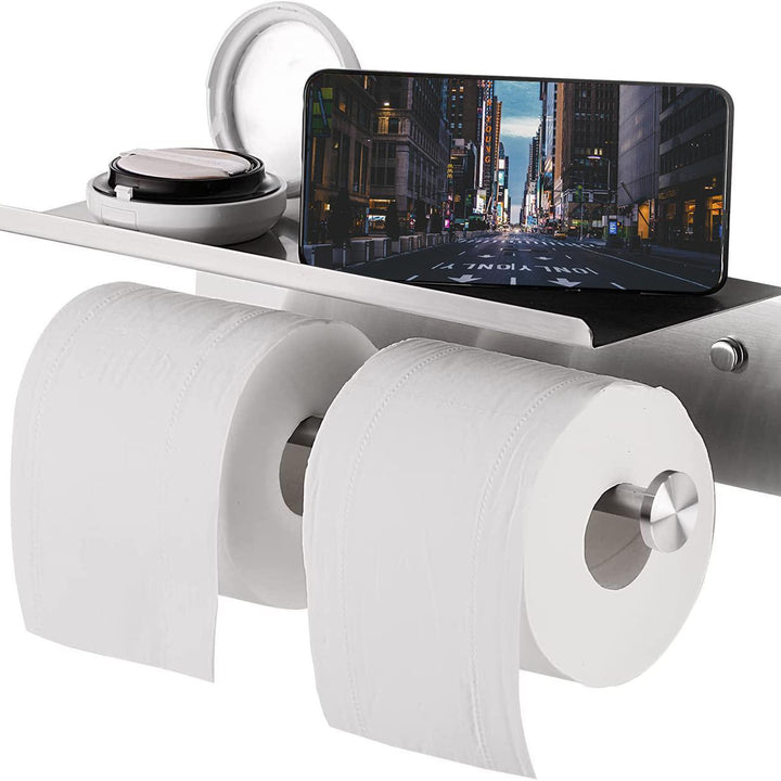 Toilet Paper Holder with Shelf Bathroom Double Roll Tissue Holder with Phone Shelf Wall Mounted Stainless Steel Brushed Nickel Finish