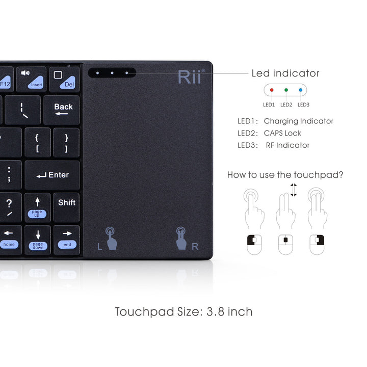 Rii K12+ Mini Wireless Keyboard with Large Touchpad Mouse&Qwerty Keypad, Stainless Steel Portable Wireless Keyboard with USB Receiver for MacBook/iPad/Tablet/PC/Laptop/Smart TV/Raspberry Pi - Black