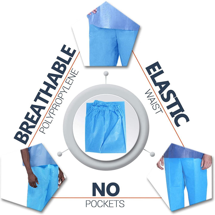 Disposable Blue Pants. Pack of 10 Polypropylene 35 GSM Adult Scrub Pants Medium. 10 Pairs of Non-Sterile Trousers with Waist Ties. Unisex PPE Clothing. Breathable; Durable Medical Scrubs.