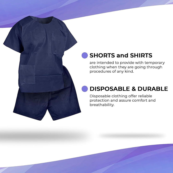 Disposable Scrubs Top and Bottom X-Large. Polypropylene Shirts and Shorts. Pack of 10 of Medical Scrub Top and Shorts; Dark Blue Shorts with Tie; Pockets. Scrubs Tops with Pockets