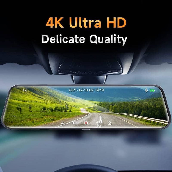 4K UHD 9.66" Mirror Front and Rear Dual Dash Camera Voice Control, Night Vision Touch Screen Waterproof Back Camera, 150 degreesWide Angle Monitoring Range with 64G SD Card