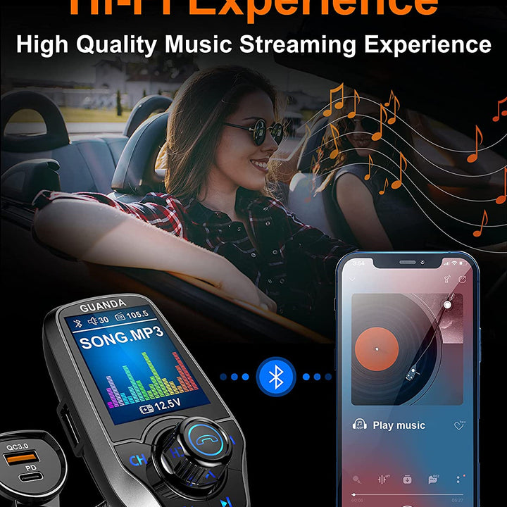 Bluetooth FM Transmitter in-Car Wireless Radio Adapter Kit W 1.8" Color Display Hands-Free Call AUX in/Out SD/TF Card USB Charger PD 20W for All Smartphones Audio Players