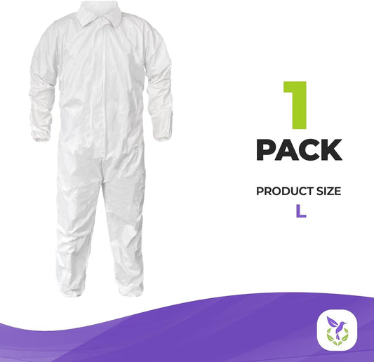 Disposable Coverall. White Adult Coverall Large Size Anti-Static Fabric Apparel with Zipper Front Entry; Storm Flap Zipper Cover from Some Liquids. Great for Industrial Applications.