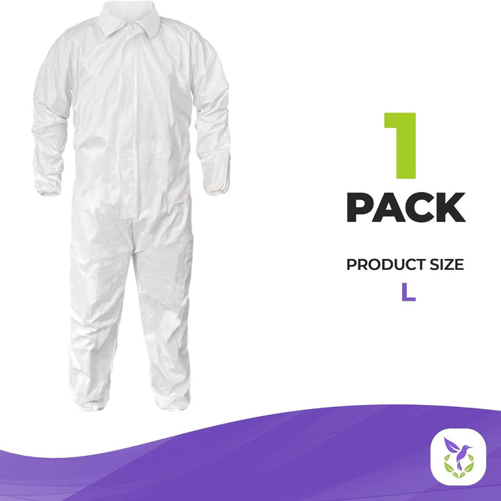 Disposable Coverall. White Adult Coverall Large Size Anti-Static Fabric Apparel with Zipper Front Entry; Storm Flap Zipper Cover from Some Liquids. Great for Industrial Applications.