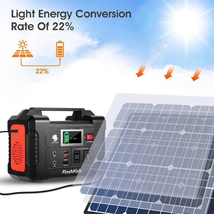 200W Portable Power Station;  FlashFish 40800mAh Solar Generator with 50W 18V Portable Solar Panel;  Flashfish Foldable Solar Charger with 5V USB 18V DC Output