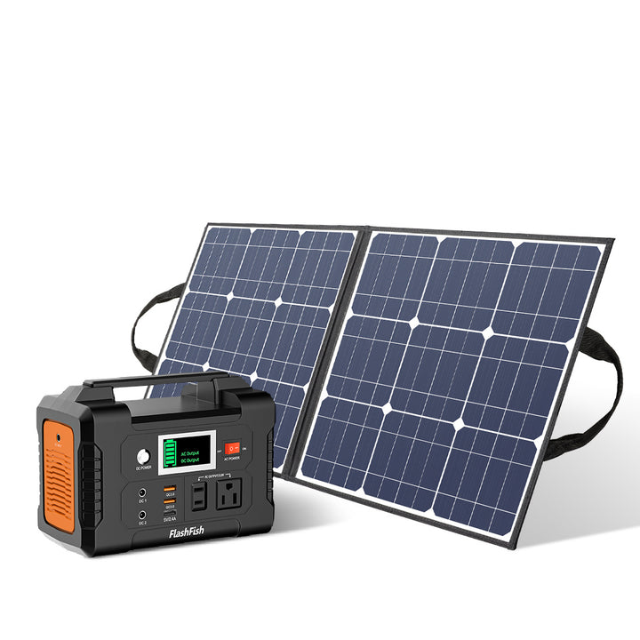 200W Portable Power Station;  FlashFish 40800mAh Solar Generator with 50W 18V Portable Solar Panel;  Flashfish Foldable Solar Charger with 5V USB 18V DC Output