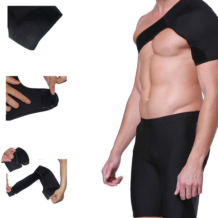 Unisex Left Shoulder Adjustable Breathable Gym Sports Care Single Shoulder Support Back Brace Guard Strap Wrap Belt Band Pads Black Bandage Warmer