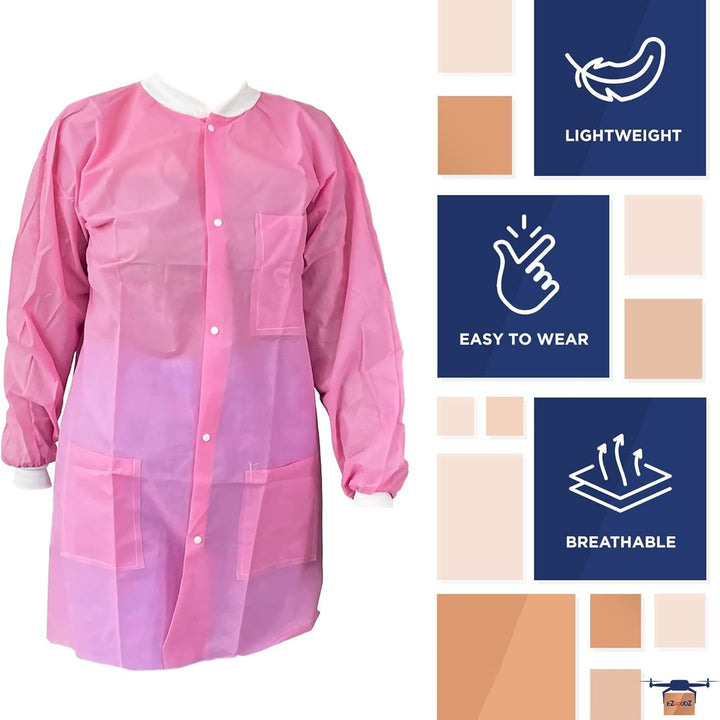 Disposable Lab Coats. Pack of 10 Light Pink Small SPP 45 gsm Work Gowns. Protective Clothing with Snaps Front; Knit Cuffs & Collar; 3 Pockets. Unisex Knee-Length Medical Uniform for Adults.