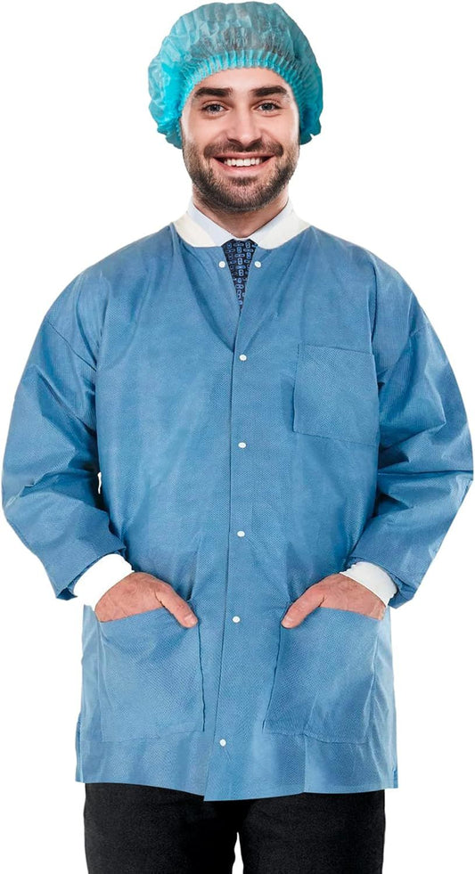 Disposable Lab Jackets. Pack of 10 Ceil Blue Hip-Length Work Gowns XX-Large. SMS 50 gsm Coats with Snaps Front; Knit Cuffs & Collar; 3 Pockets.