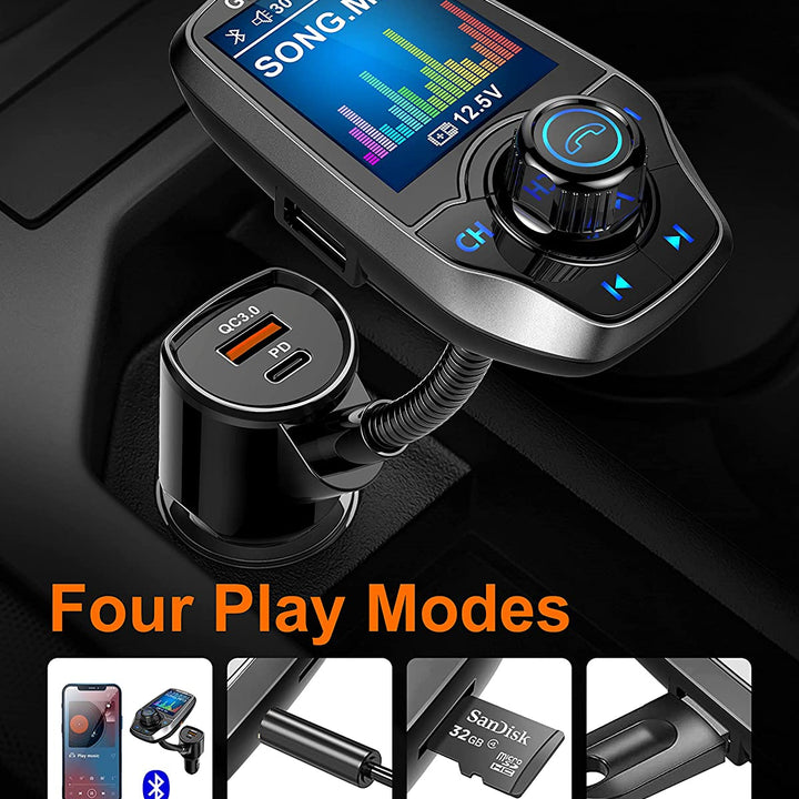 Bluetooth FM Transmitter in-Car Wireless Radio Adapter Kit W 1.8" Color Display Hands-Free Call AUX in/Out SD/TF Card USB Charger PD 20W for All Smartphones Audio Players